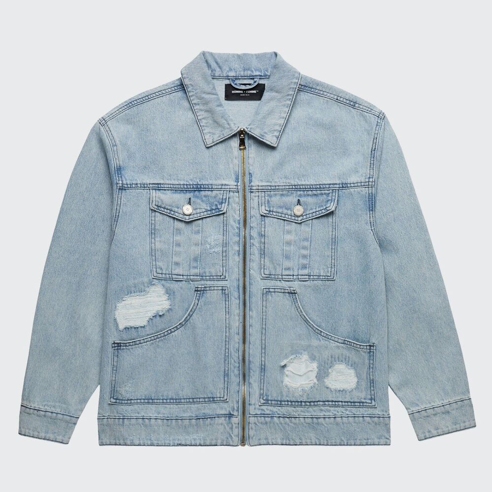 NWT Homme + Femme Light Wash distressed denim Work jacket Sz S Full zip